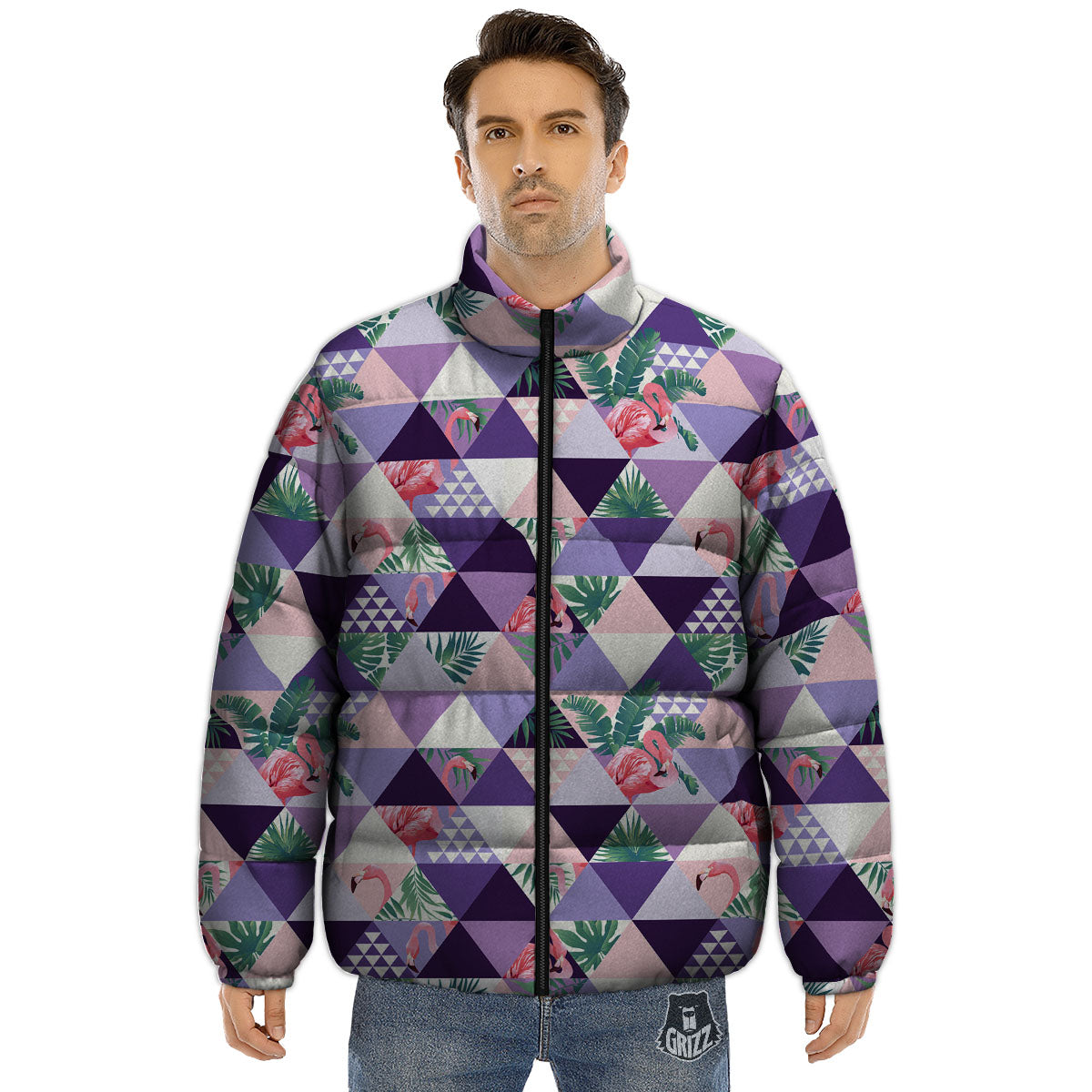 Flamingo Geometric Purple Print Pattern Puffer Jacket-grizzshop