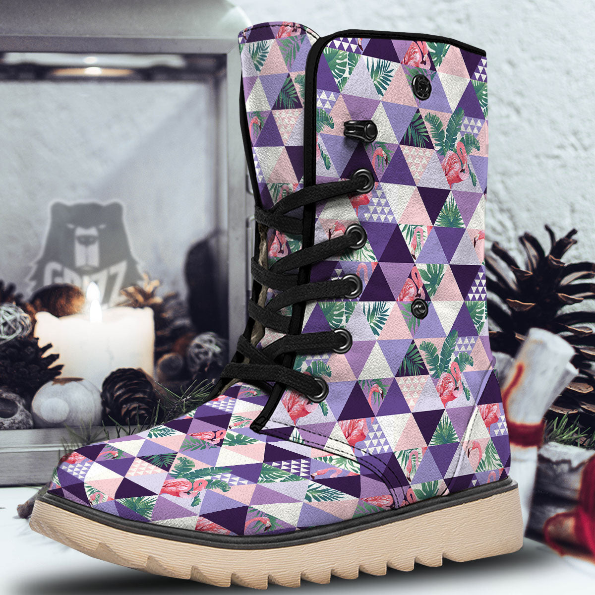 Flamingo Geometric Purple Print Pattern Snow Boots-grizzshop