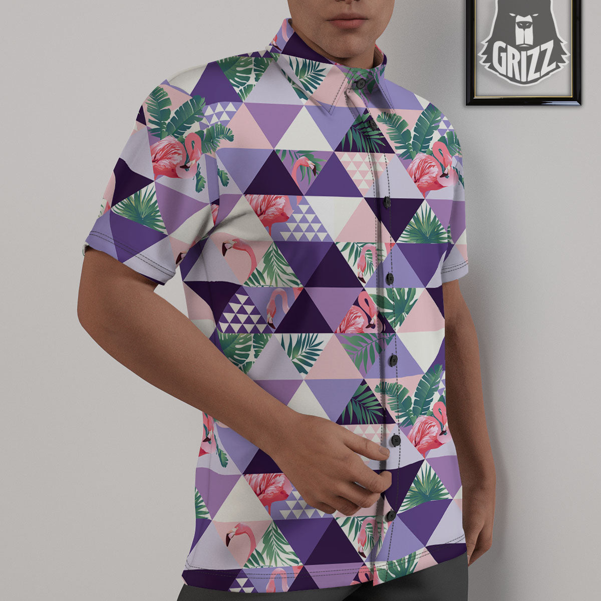 Flamingo Geometric Purple Print Pattern Untucked Shirts-grizzshop