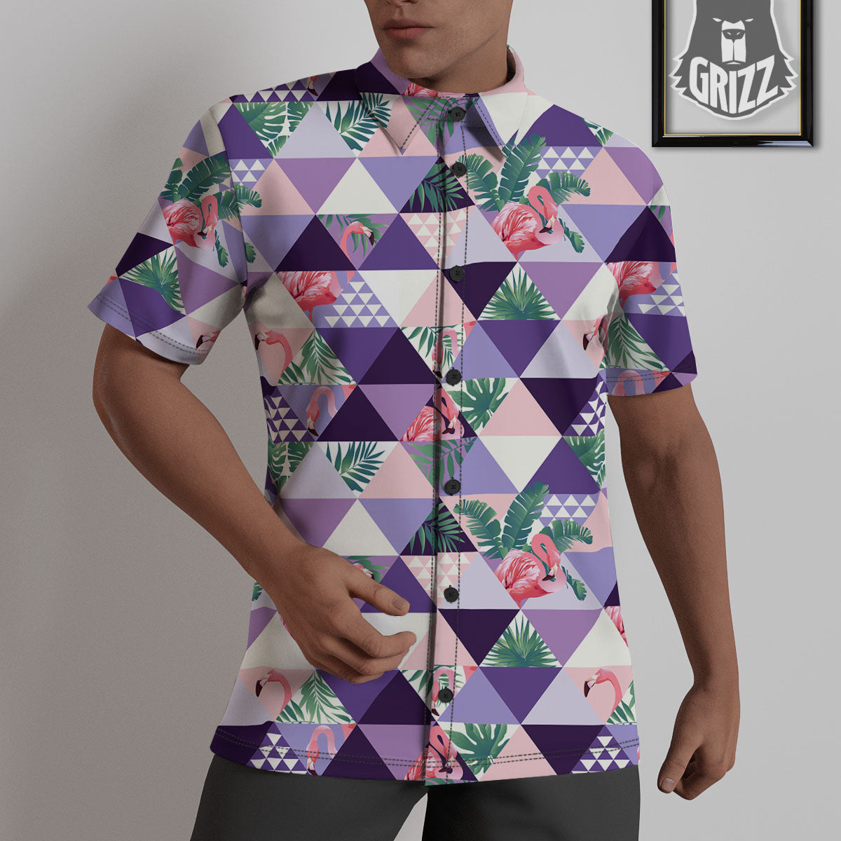 Flamingo Geometric Purple Print Pattern Untucked Shirts-grizzshop