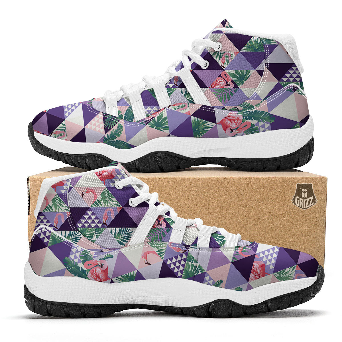 Flamingo Geometric Purple Print Pattern White Bball Shoes-grizzshop