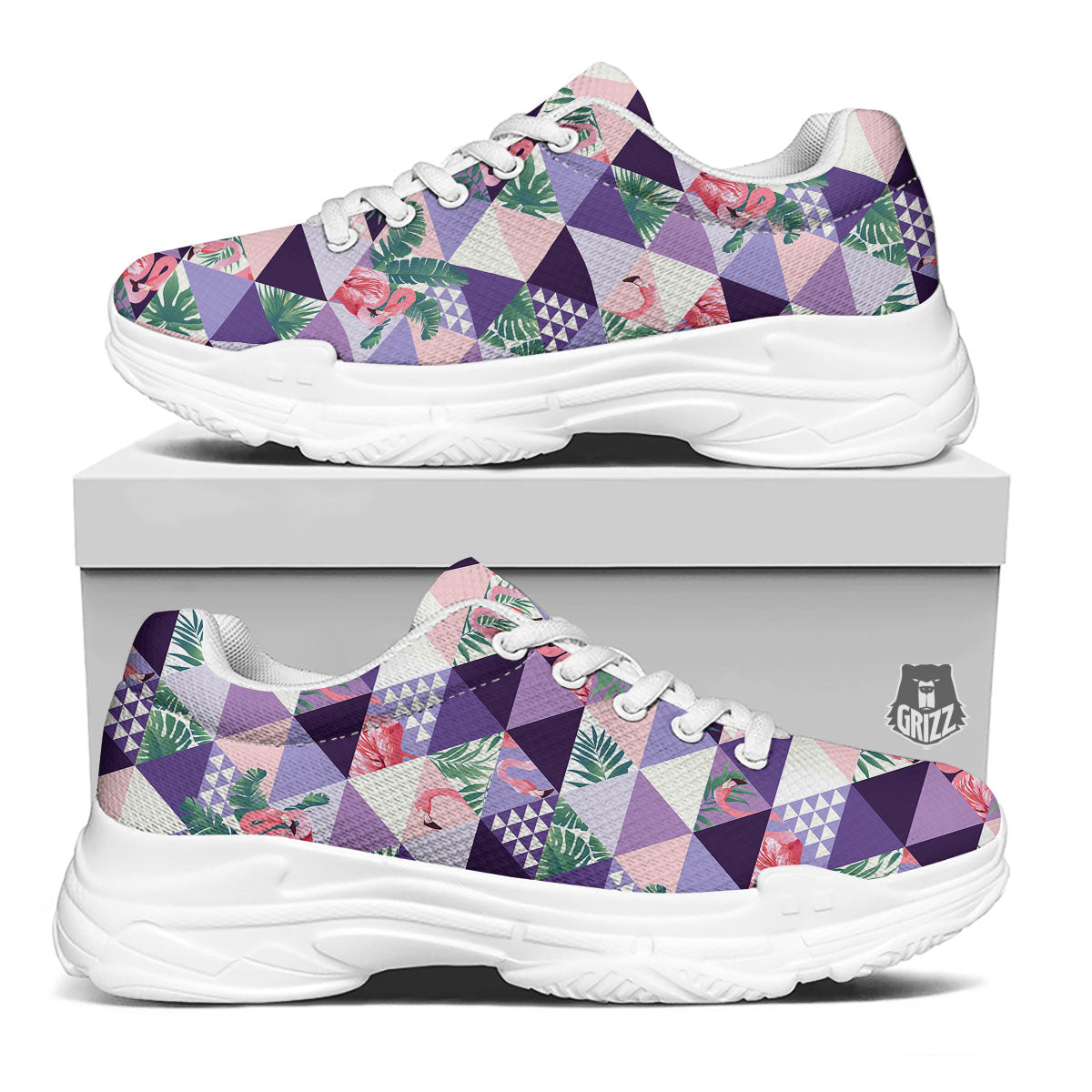 Flamingo Geometric Purple Print Pattern White Chunky Shoes-grizzshop