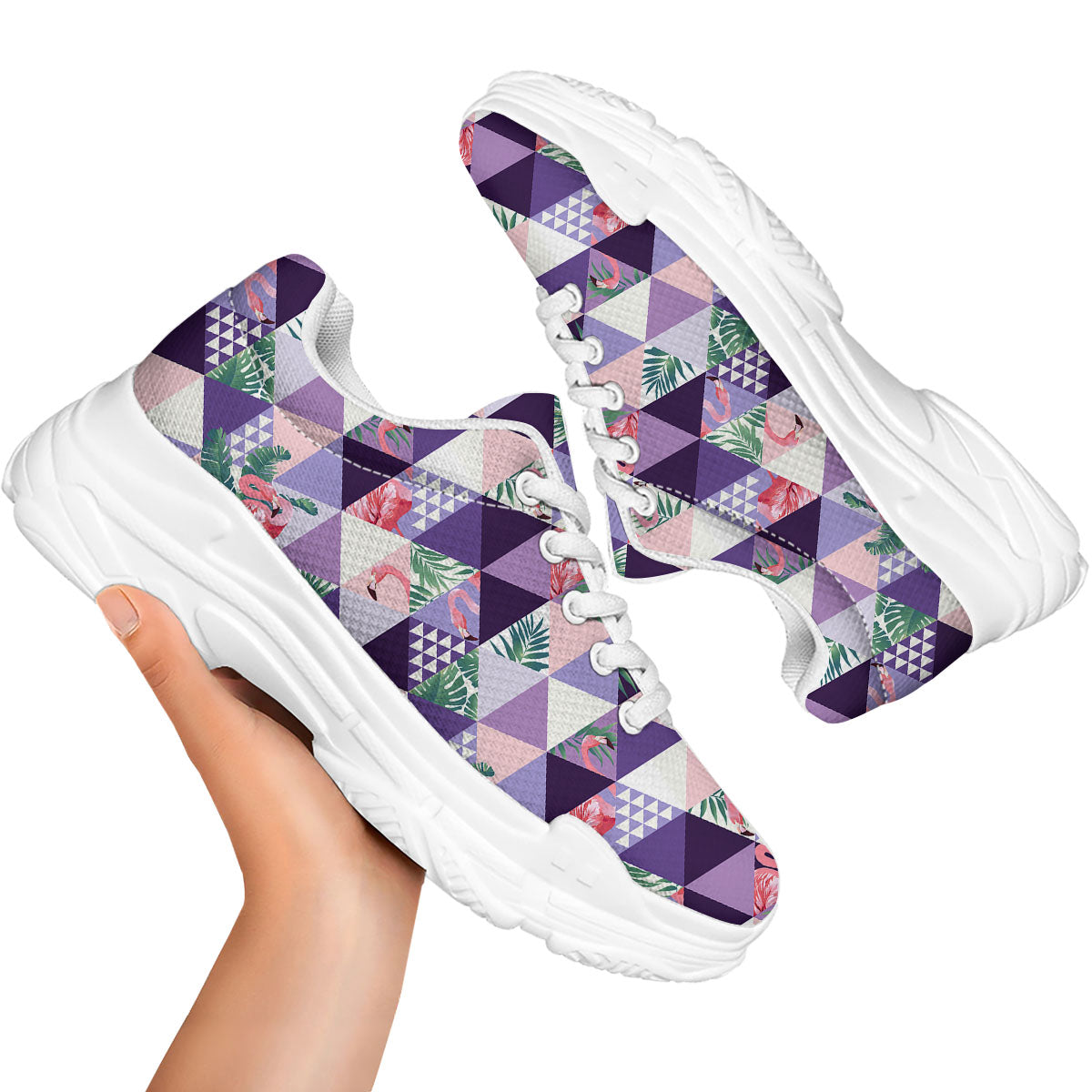 Flamingo Geometric Purple Print Pattern White Chunky Shoes-grizzshop