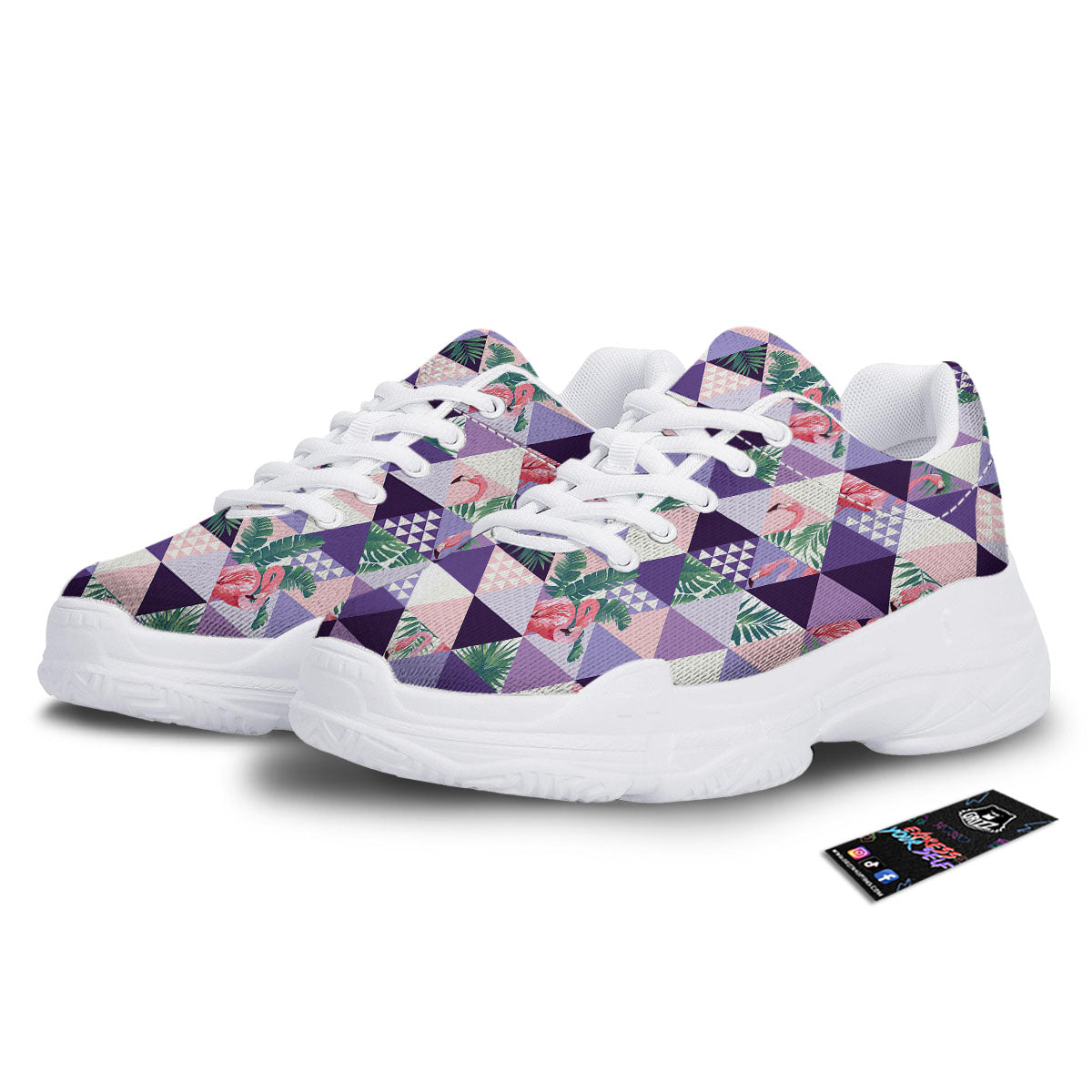 Flamingo Geometric Purple Print Pattern White Chunky Shoes-grizzshop