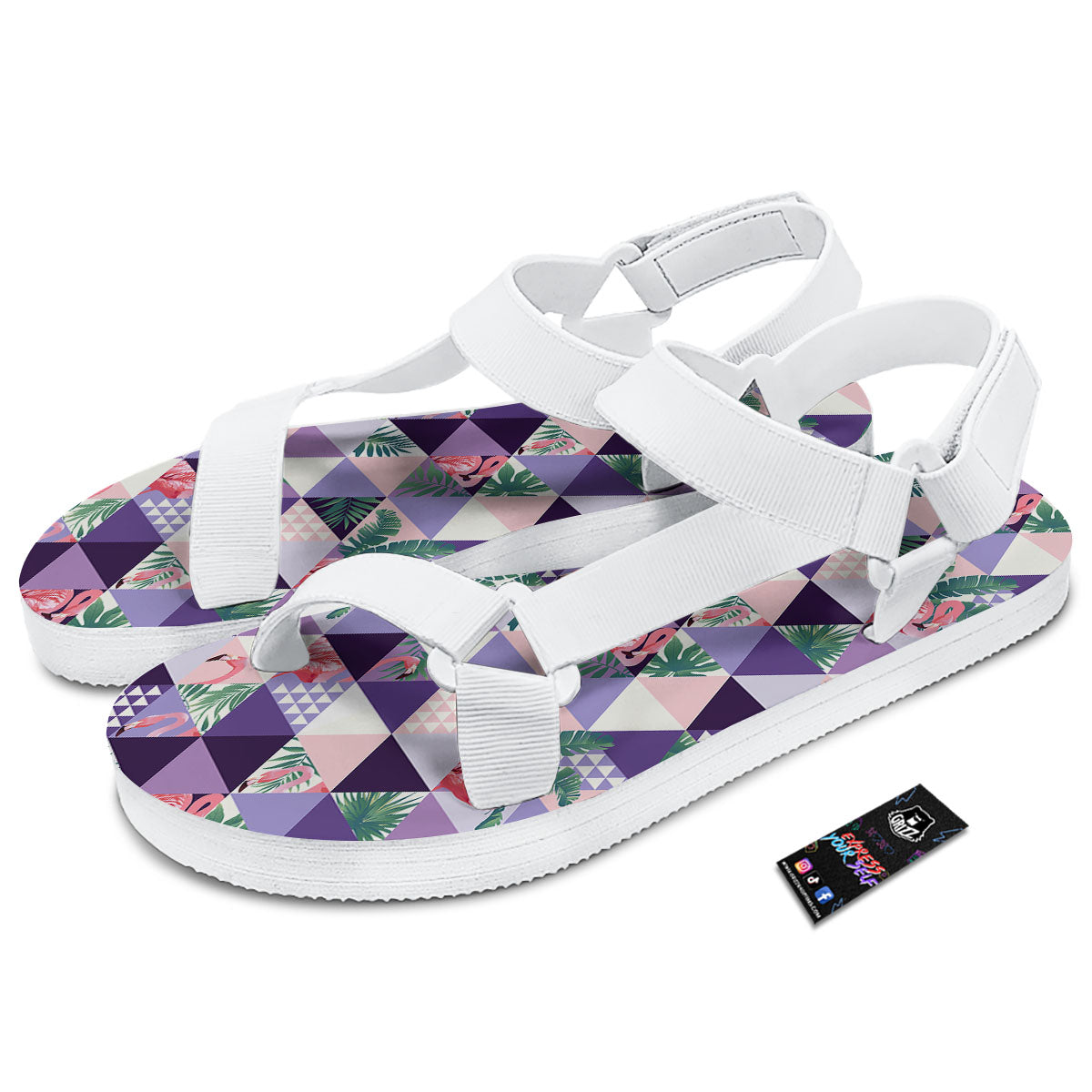 Flamingo Geometric Purple Print Pattern White Open Toe Sandals-grizzshop