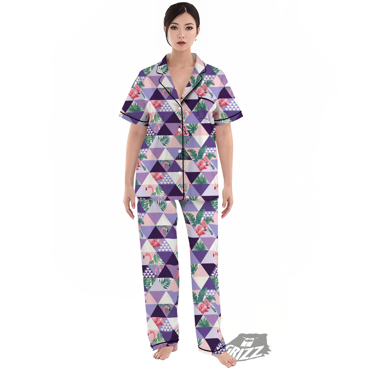 Flamingo Geometric Purple Print Pattern Women's Pajamas Set-grizzshop