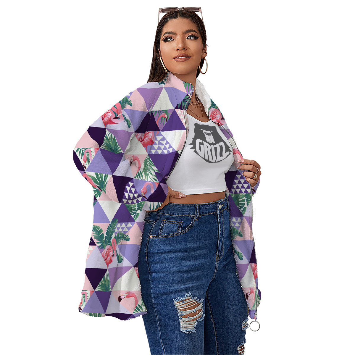 Flamingo Geometric Purple Print Pattern Women's Sherpa Jacket-grizzshop