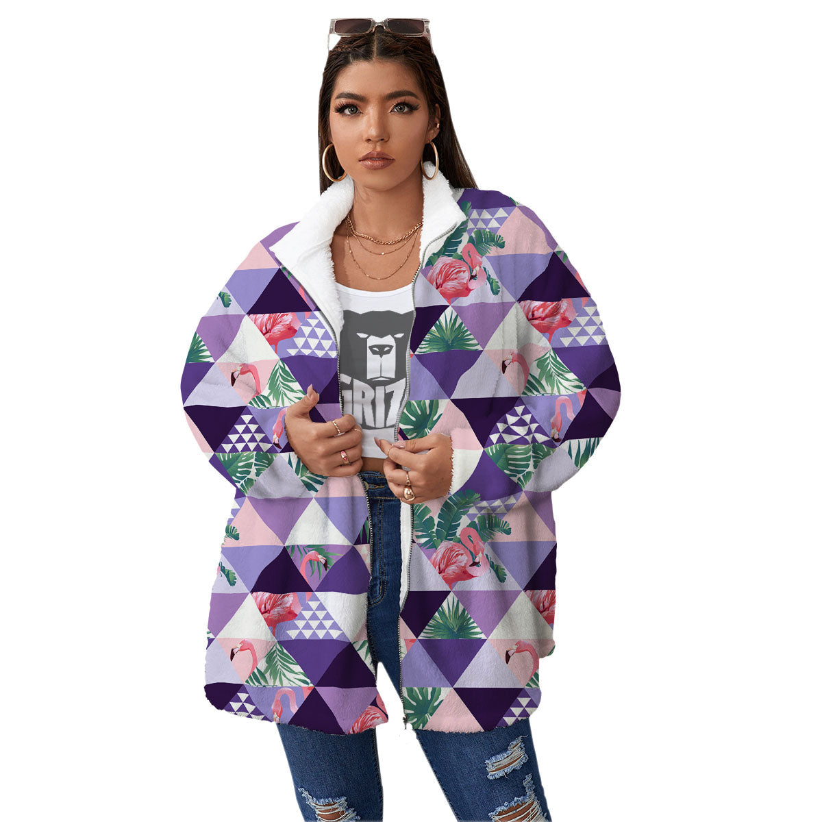 Flamingo Geometric Purple Print Pattern Women's Sherpa Jacket-grizzshop