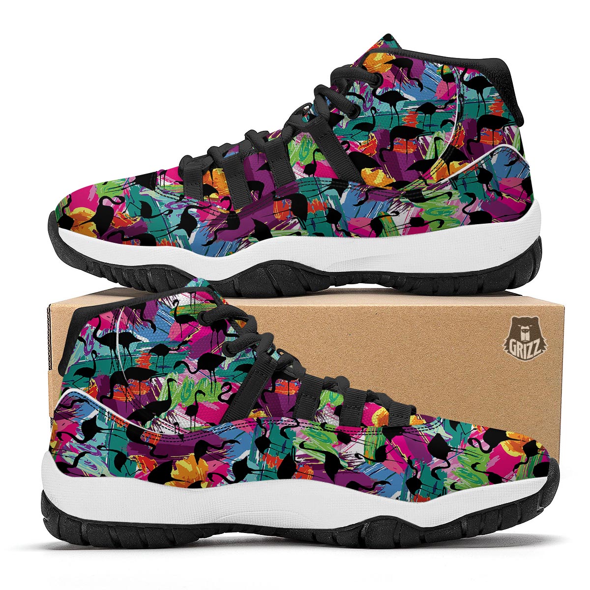 Flamingo Hawaiian Tropical Colorful Pattern Print Black Bball Shoes-grizzshop