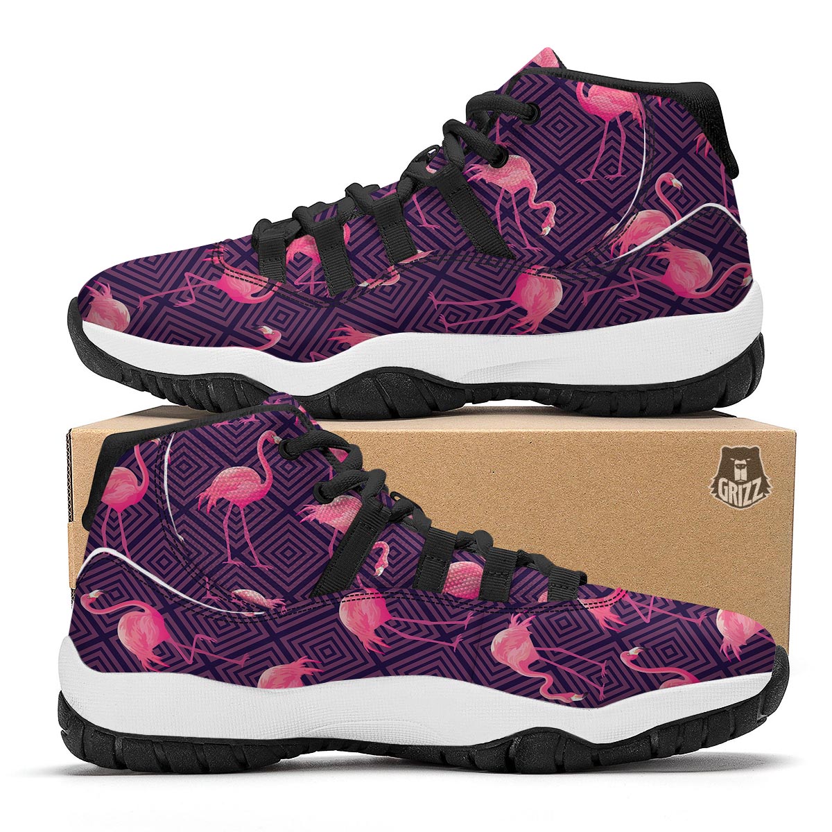 Flamingo Hawaiian Tropical Stripe Pattern Print Black Bball Shoes-grizzshop