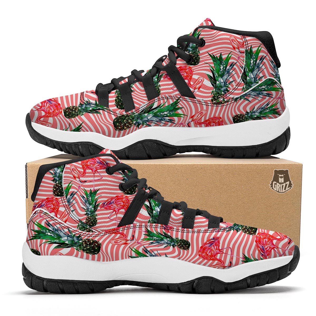 Flamingo Pineapple Stripe Black Bball Shoes-grizzshop