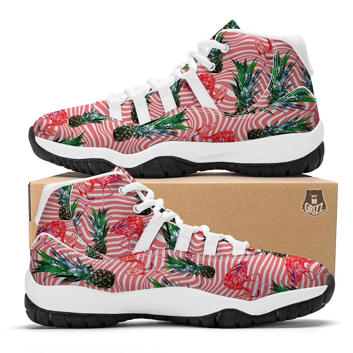 Flamingo Pineapple Stripe White Bball Shoes-grizzshop