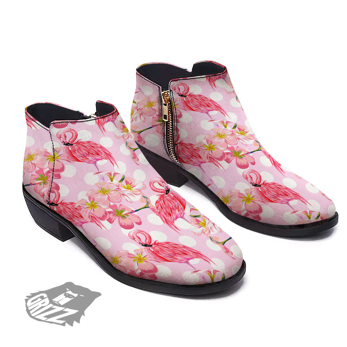 Flamingo Pink Polka Print Pattern Ankle Boots-grizzshop