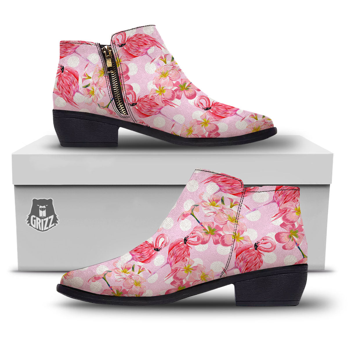 Flamingo Pink Polka Print Pattern Ankle Boots-grizzshop