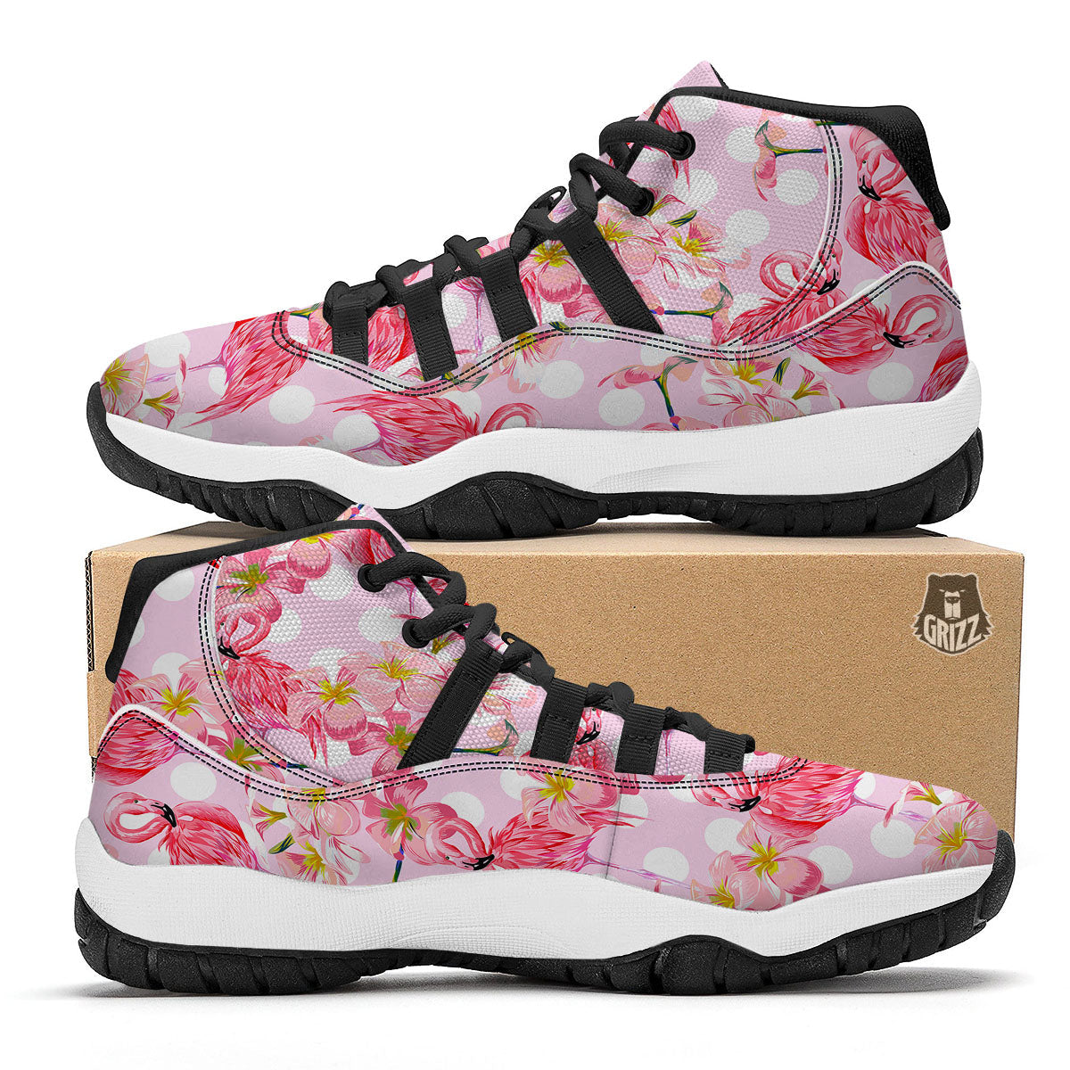 Flamingo Pink Polka Print Pattern Black Bball Shoes-grizzshop