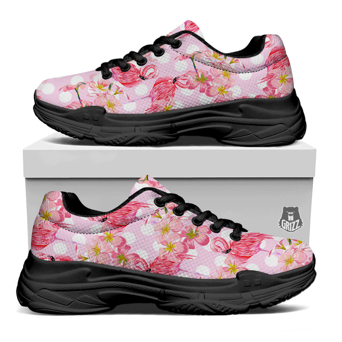 Flamingo Pink Polka Print Pattern Black Chunky Shoes-grizzshop