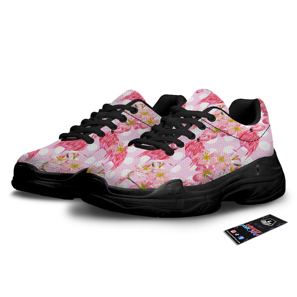 Flamingo Pink Polka Print Pattern Black Chunky Shoes-grizzshop