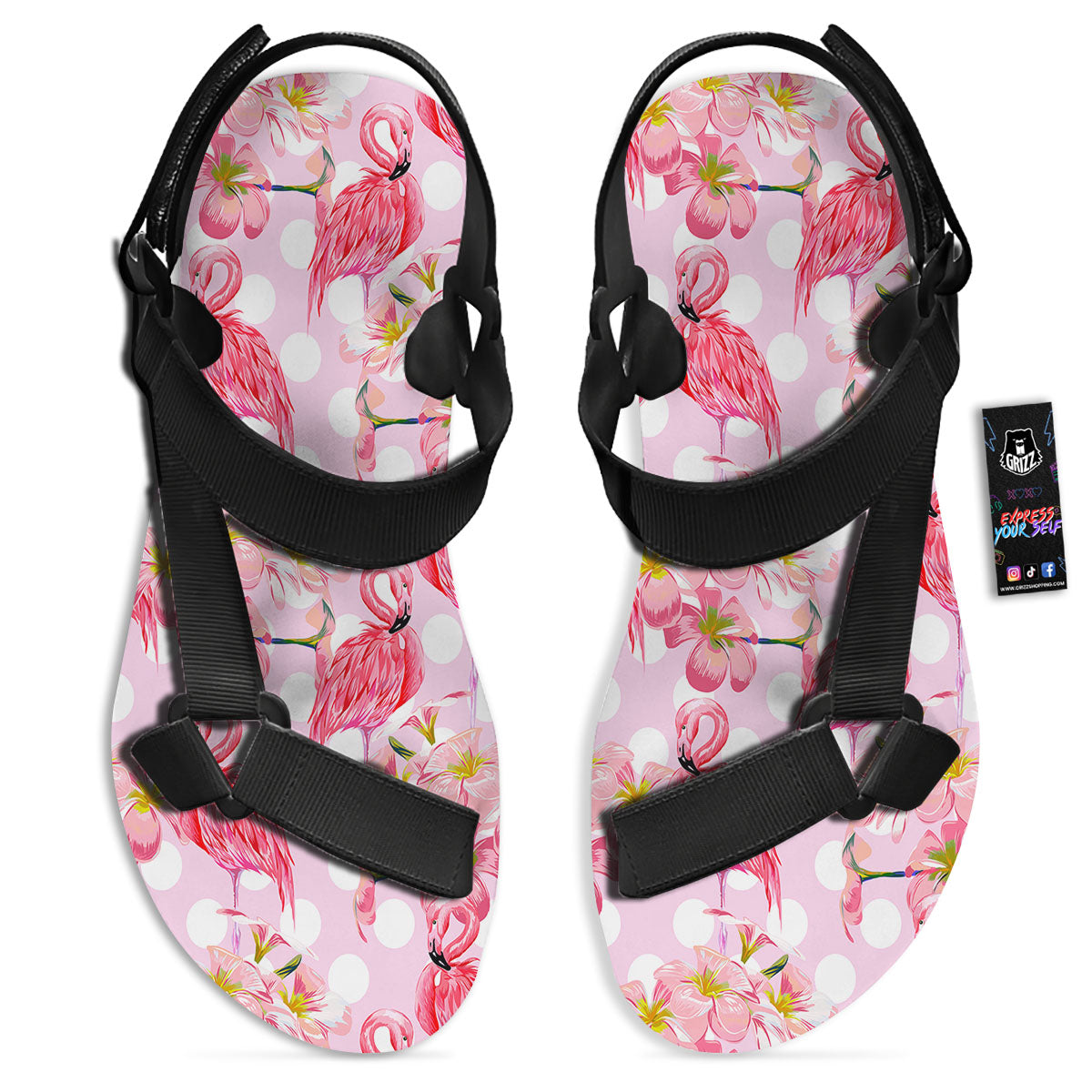 Flamingo Pink Polka Print Pattern Black Open Toe Sandals-grizzshop