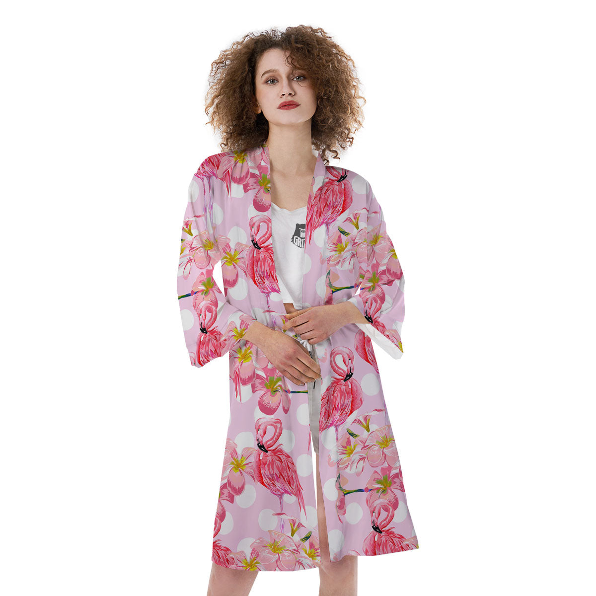 Flamingo Pink Polka Print Pattern Kimono-grizzshop