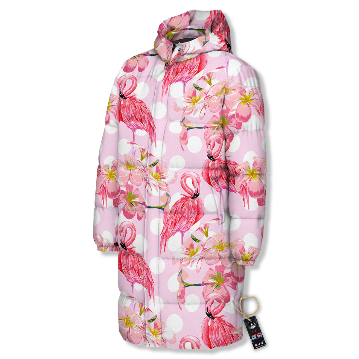Flamingo Pink Polka Print Pattern Long Down Jacket-grizzshop