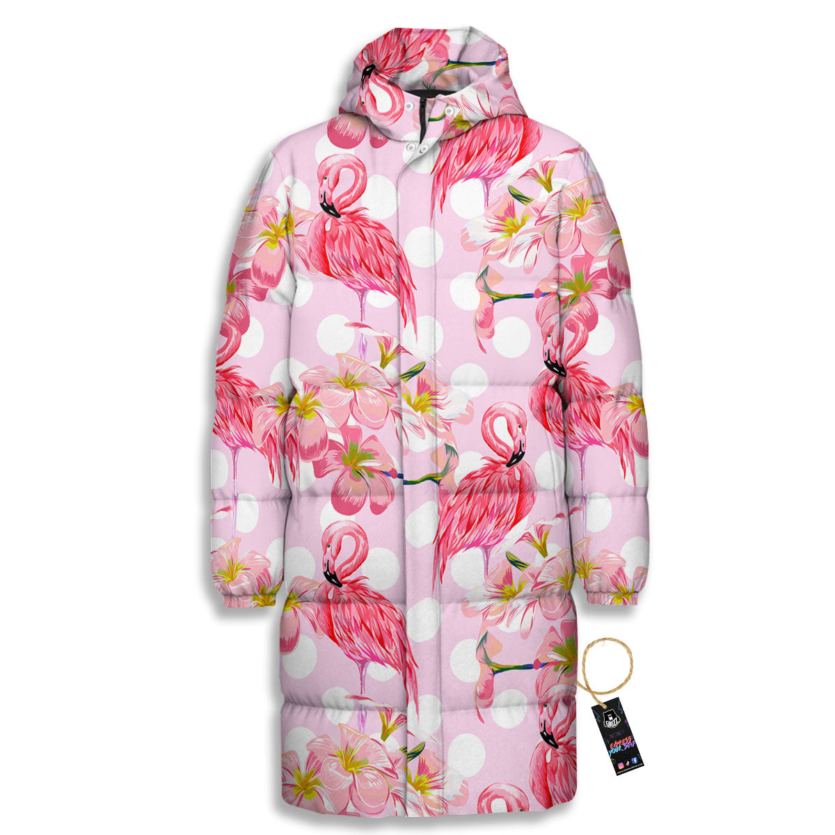 Flamingo Pink Polka Print Pattern Long Down Jacket-grizzshop