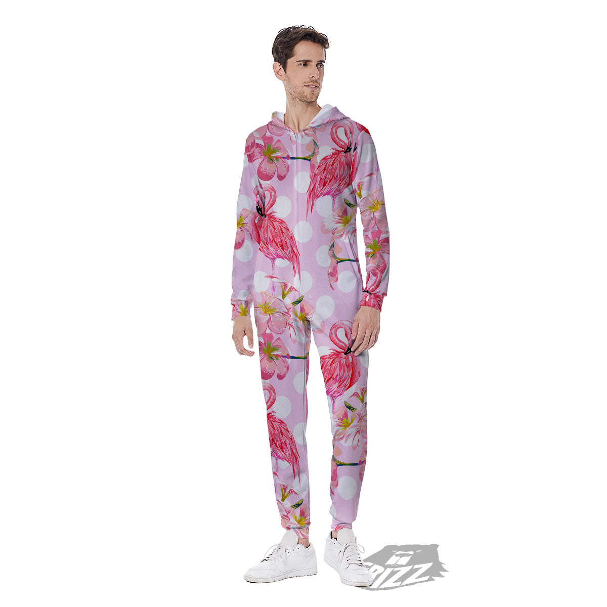 Flamingo Pink Polka Print Pattern Men's Jumpsuit-grizzshop