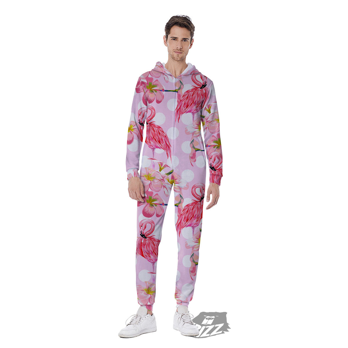 Flamingo Pink Polka Print Pattern Men's Jumpsuit-grizzshop