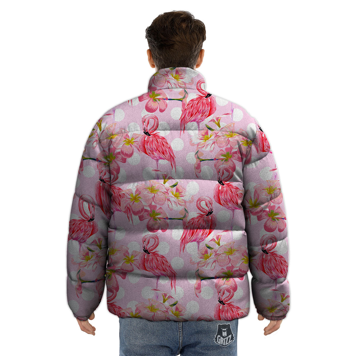 Flamingo Pink Polka Print Pattern Puffer Jacket-grizzshop