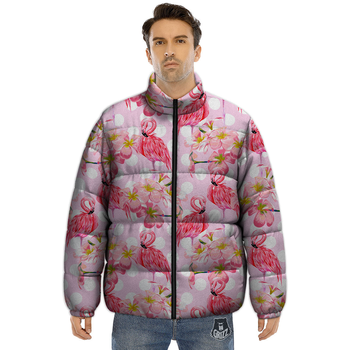Flamingo Pink Polka Print Pattern Puffer Jacket-grizzshop