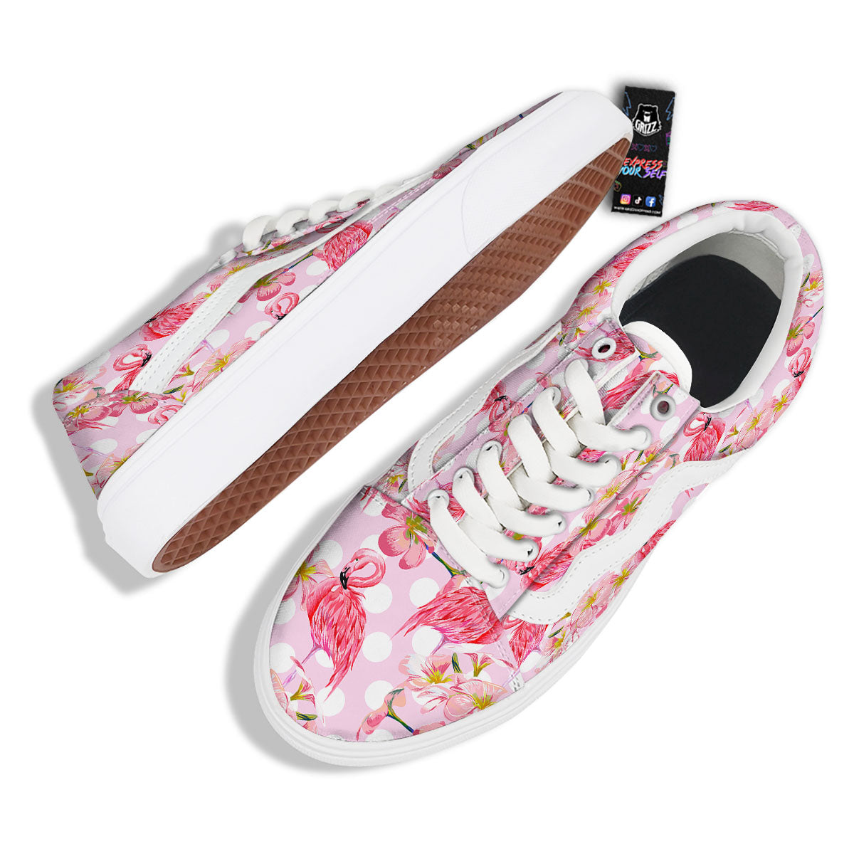 Flamingo Pink Polka Print Pattern Skate Shoes-grizzshop