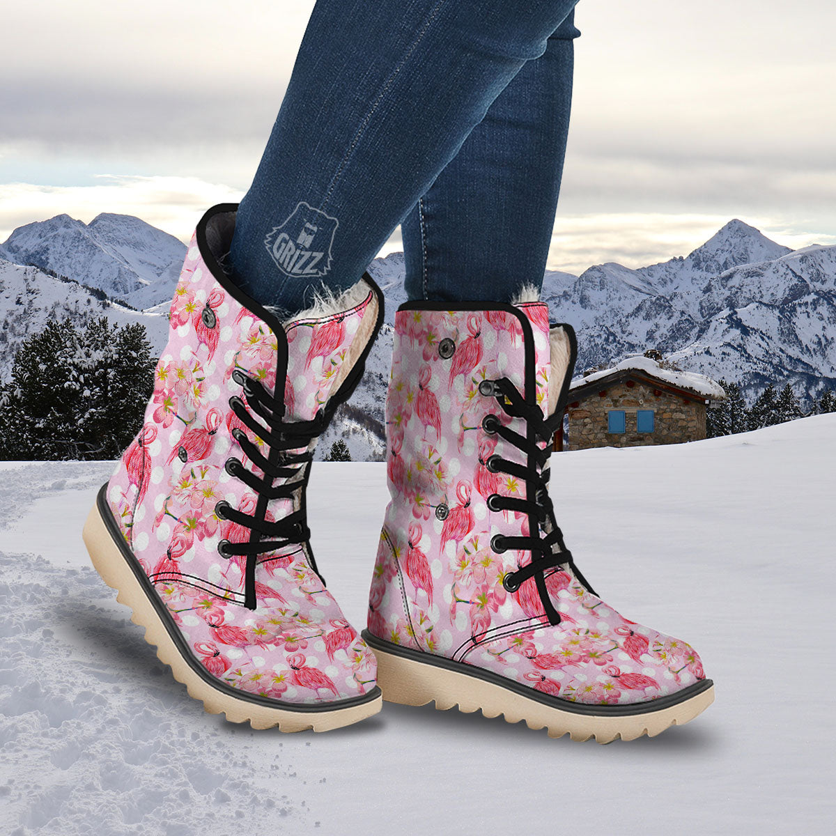 Flamingo Pink Polka Print Pattern Snow Boots-grizzshop