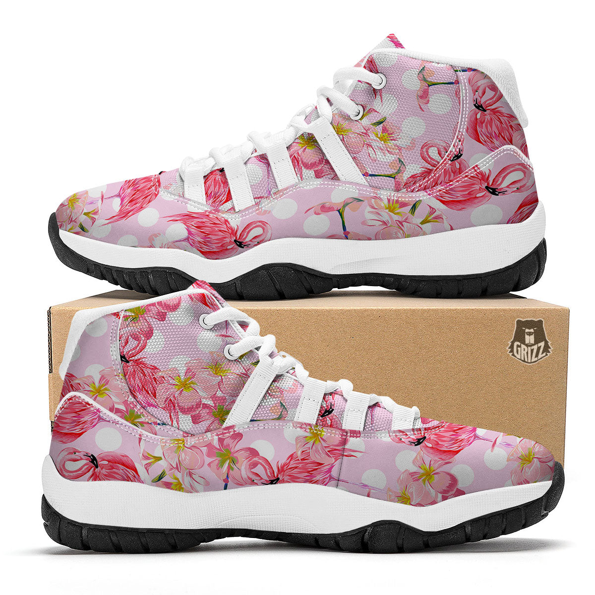 Flamingo Pink Polka Print Pattern White Bball Shoes-grizzshop