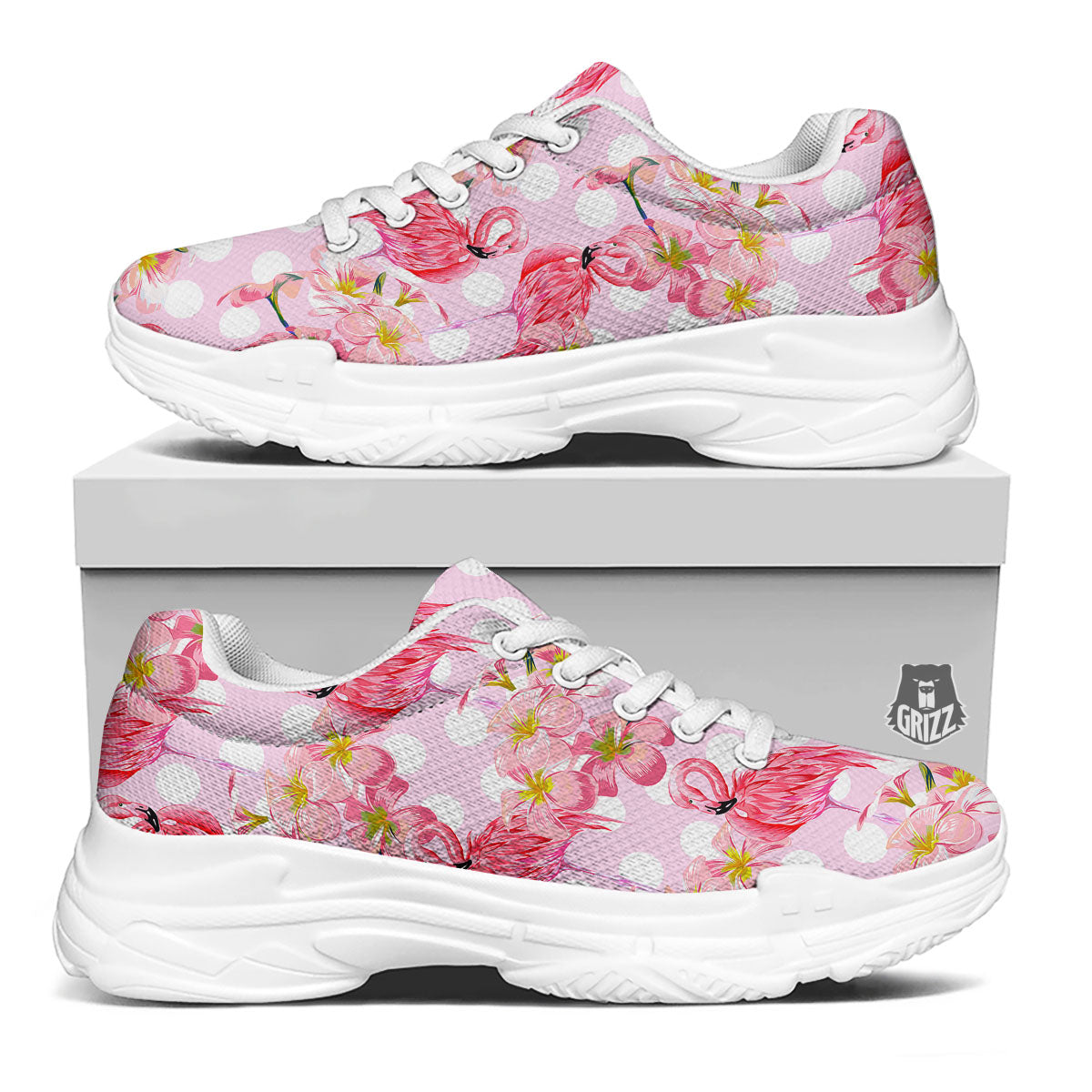 Flamingo Pink Polka Print Pattern White Chunky Shoes-grizzshop