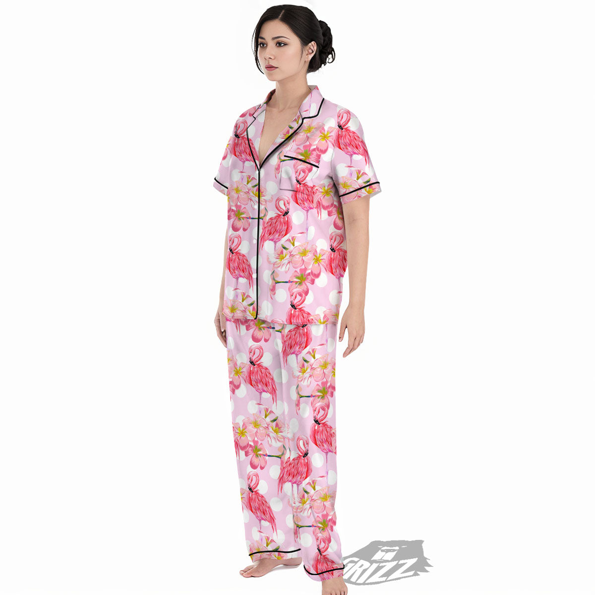 Flamingo Pink Polka Print Pattern Women's Pajamas Set-grizzshop