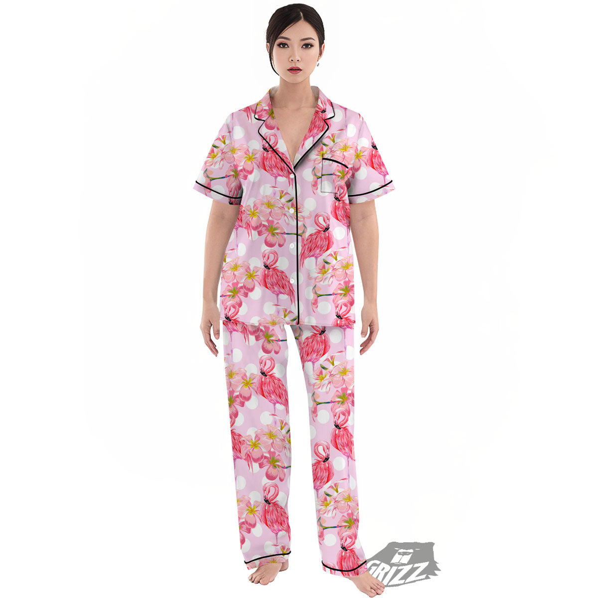Flamingo Pink Polka Print Pattern Women's Pajamas Set-grizzshop