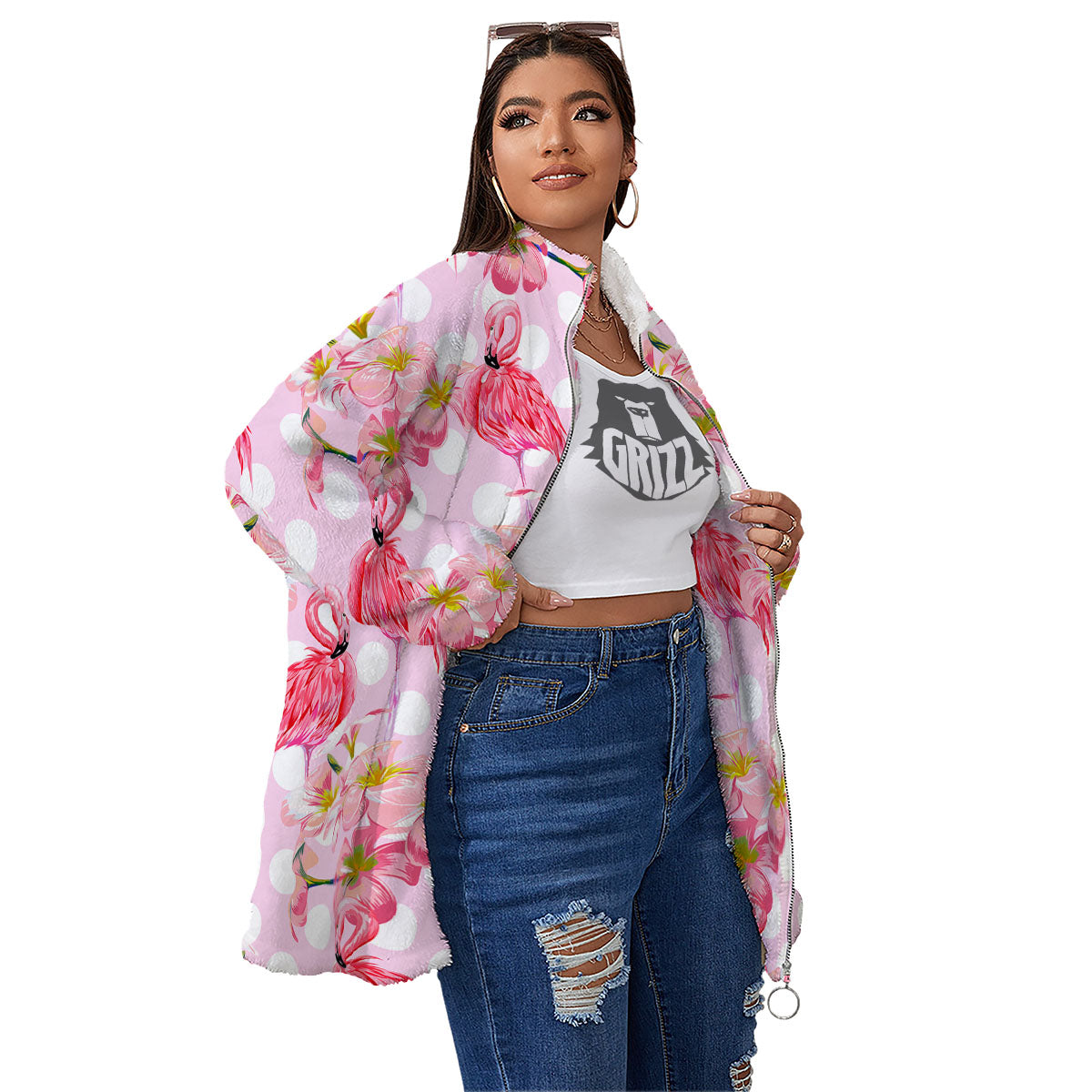 Flamingo Pink Polka Print Pattern Women's Sherpa Jacket-grizzshop