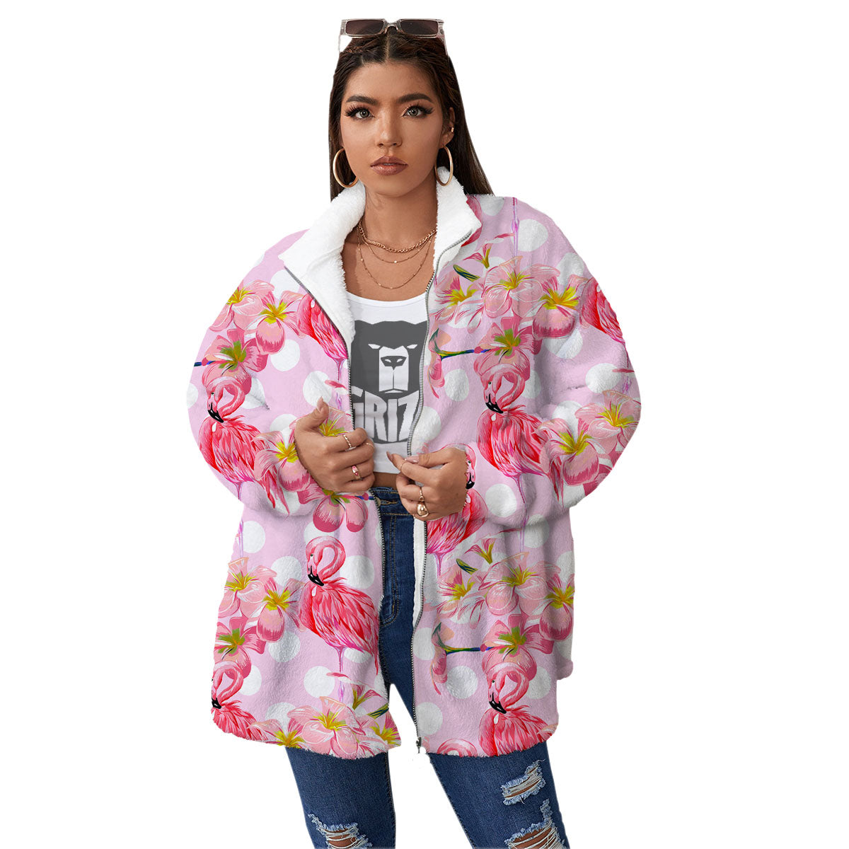 Flamingo Pink Polka Print Pattern Women's Sherpa Jacket-grizzshop