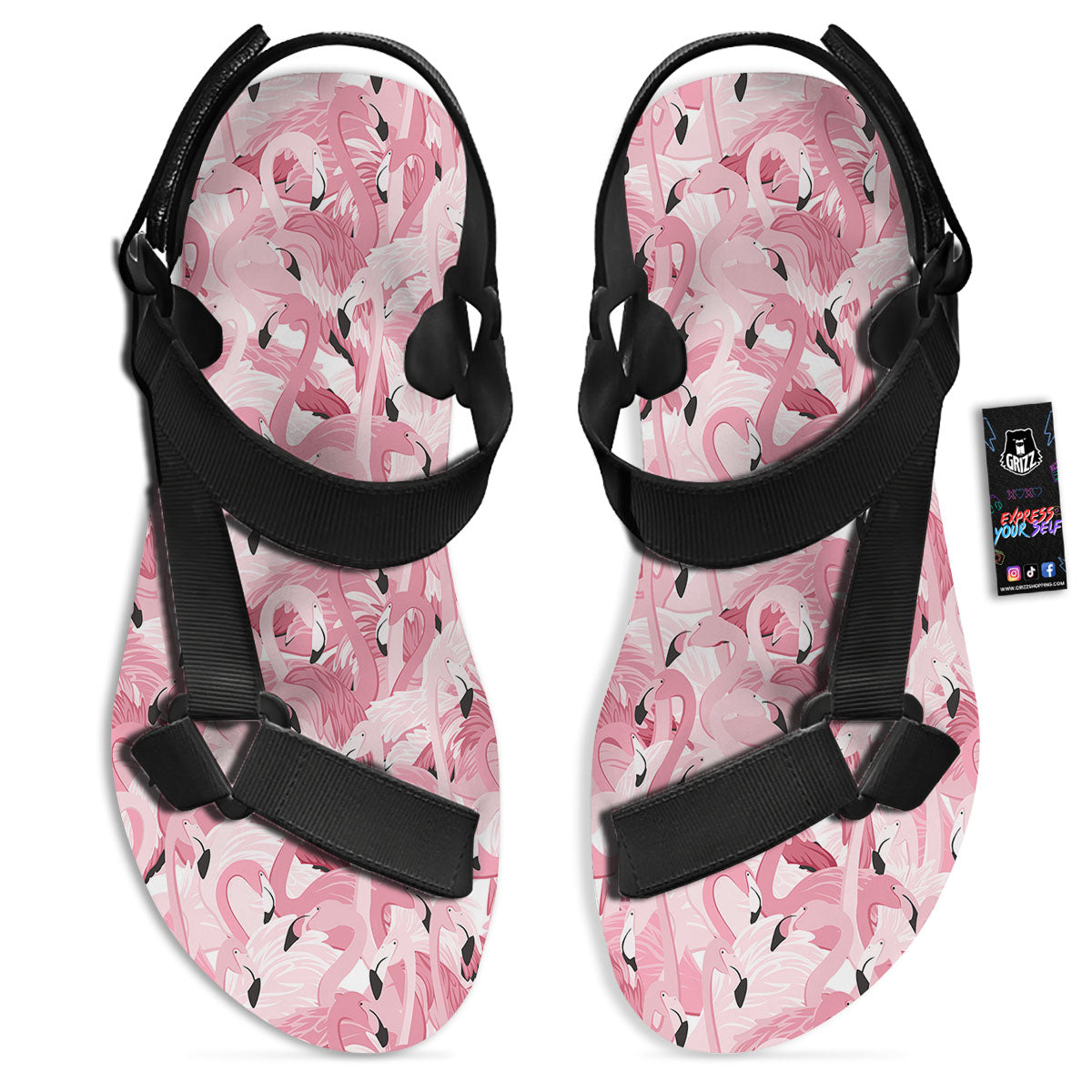 Flamingo Pink Print Pattern Black Open Toe Sandals-grizzshop
