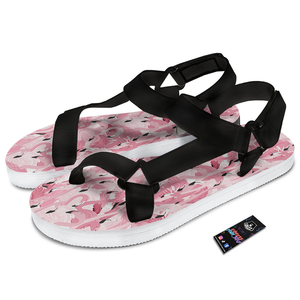 Flamingo Pink Print Pattern Black Open Toe Sandals-grizzshop