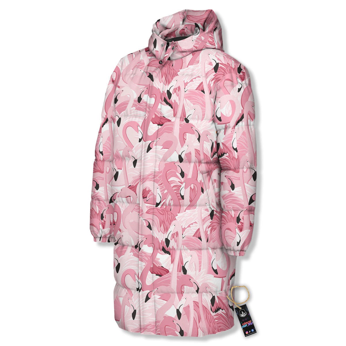 Flamingo Pink Print Pattern Long Down Jacket-grizzshop