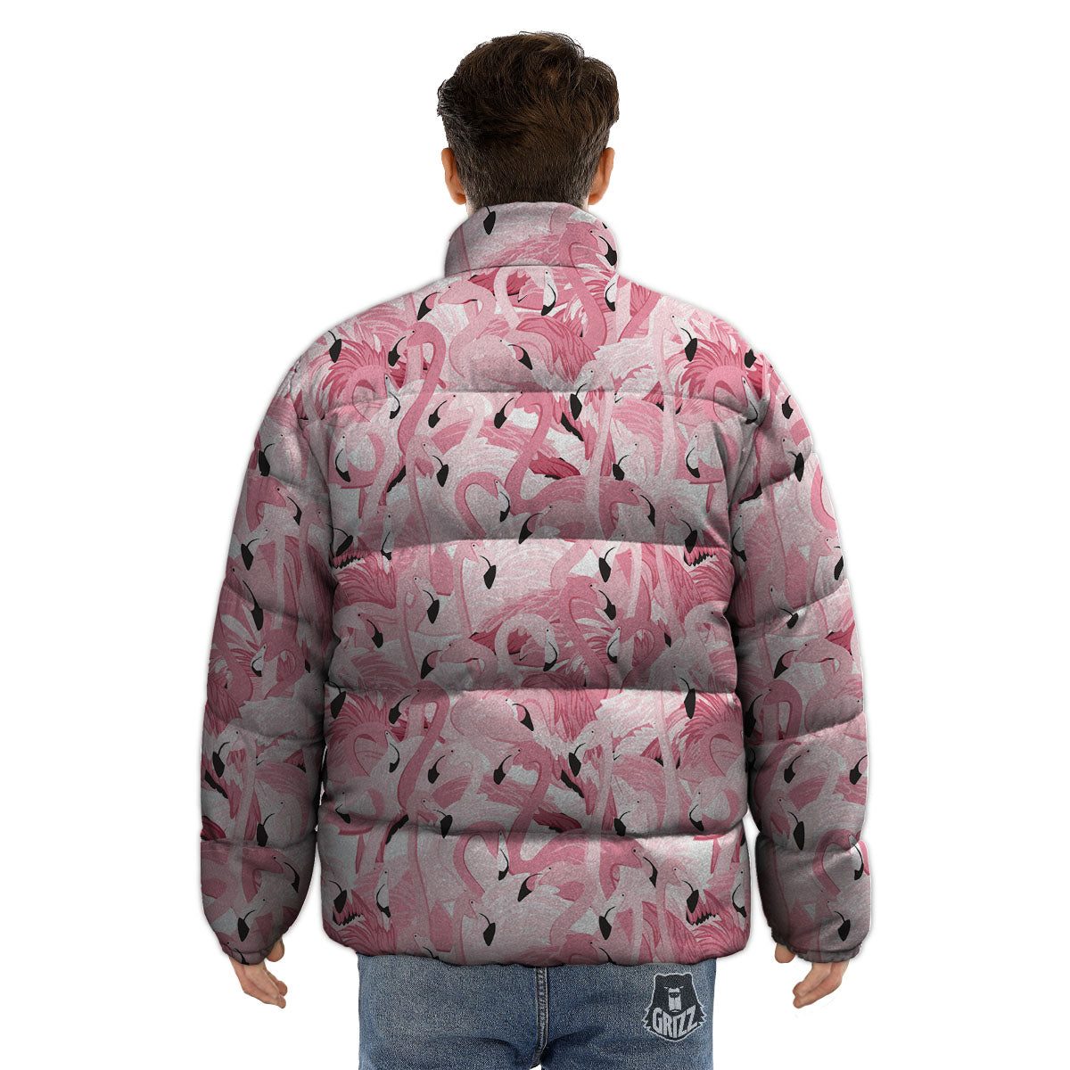 Flamingo Pink Print Pattern Puffer Jacket-grizzshop