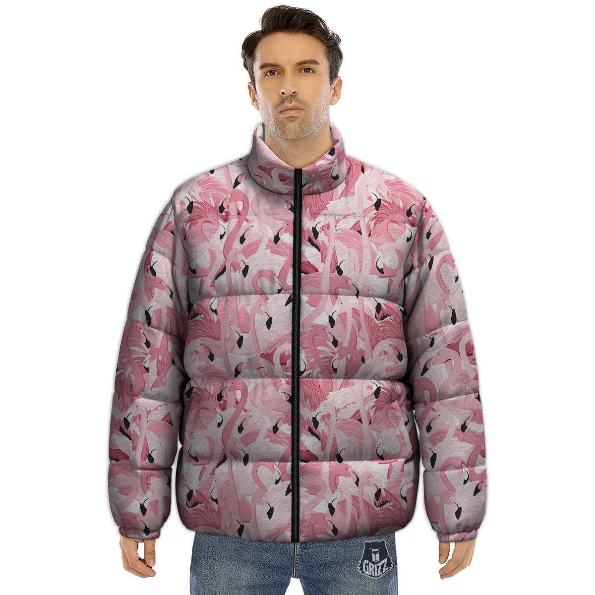 Flamingo Pink Print Pattern Puffer Jacket-grizzshop