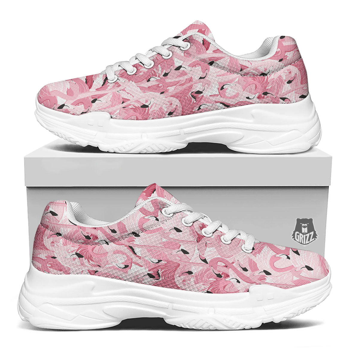 Flamingo Pink Print Pattern White Chunky Shoes-grizzshop