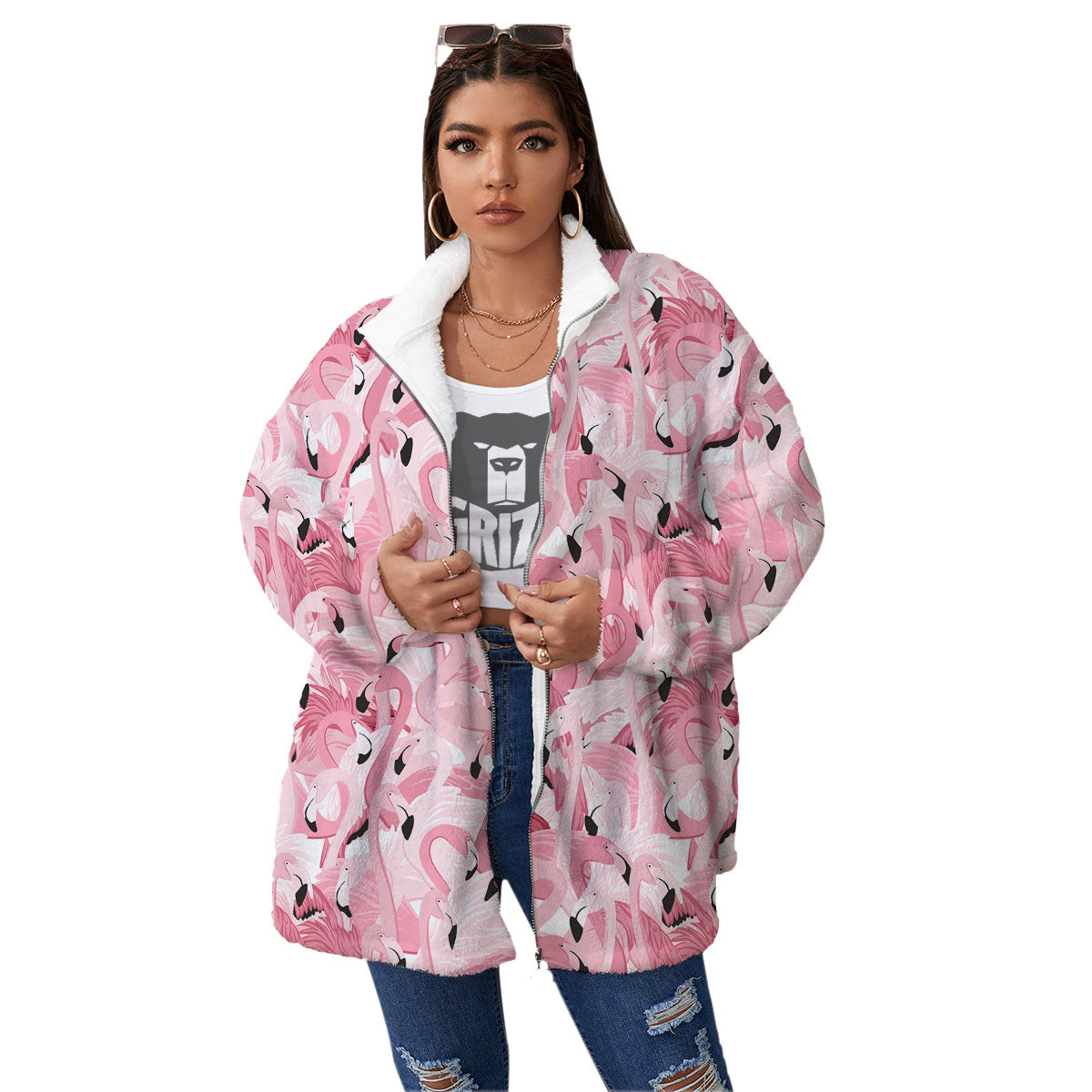 Flamingo Pink Print Pattern Women's Sherpa Jacket-grizzshop