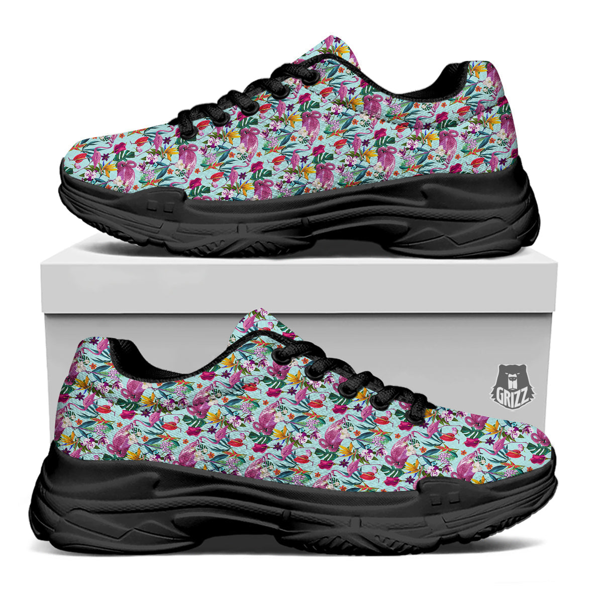 Flamingo Tropical Colorful Print Black Chunky Shoes-grizzshop