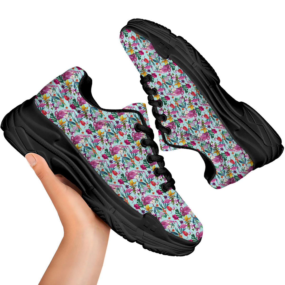 Flamingo Tropical Colorful Print Black Chunky Shoes-grizzshop