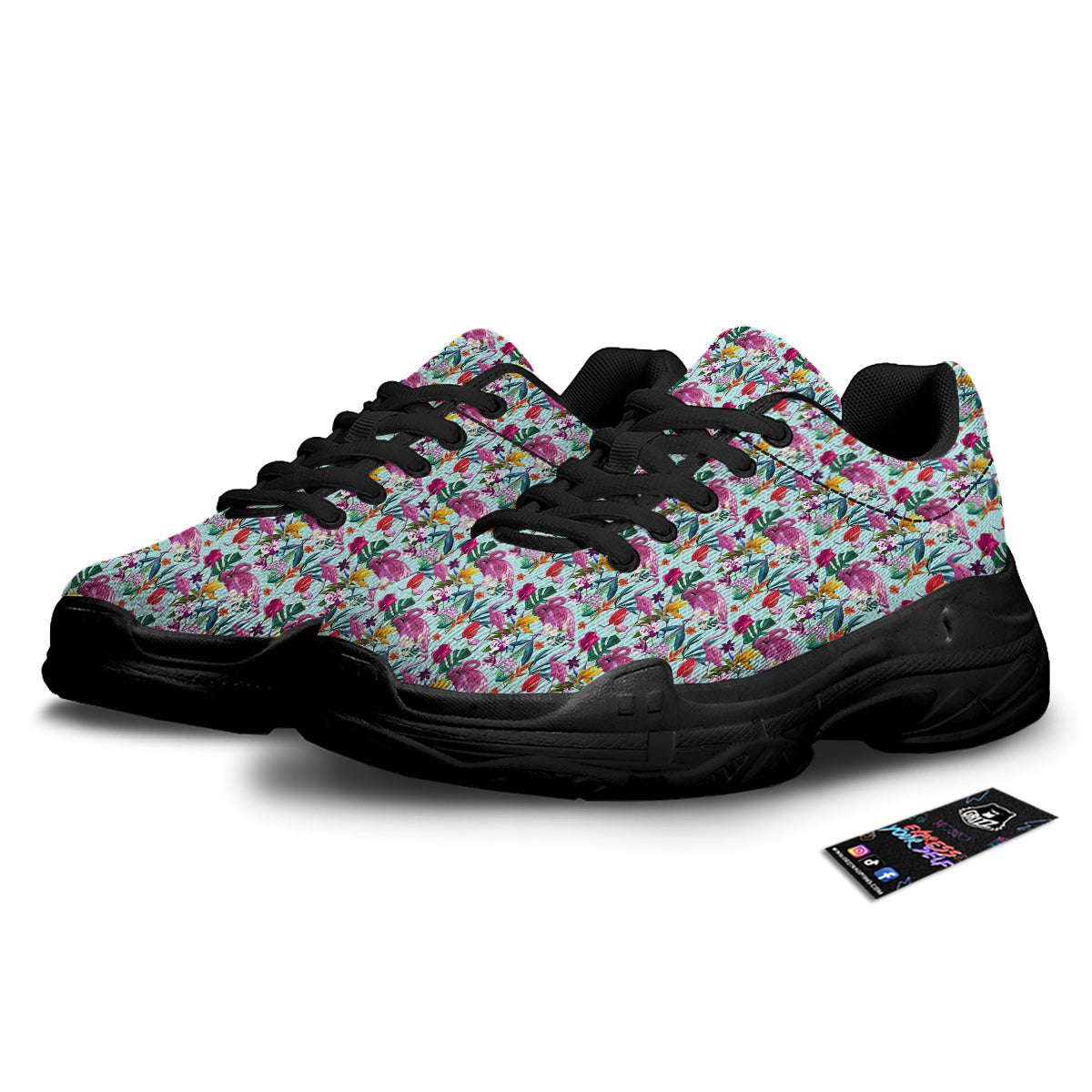 Flamingo Tropical Colorful Print Black Chunky Shoes-grizzshop