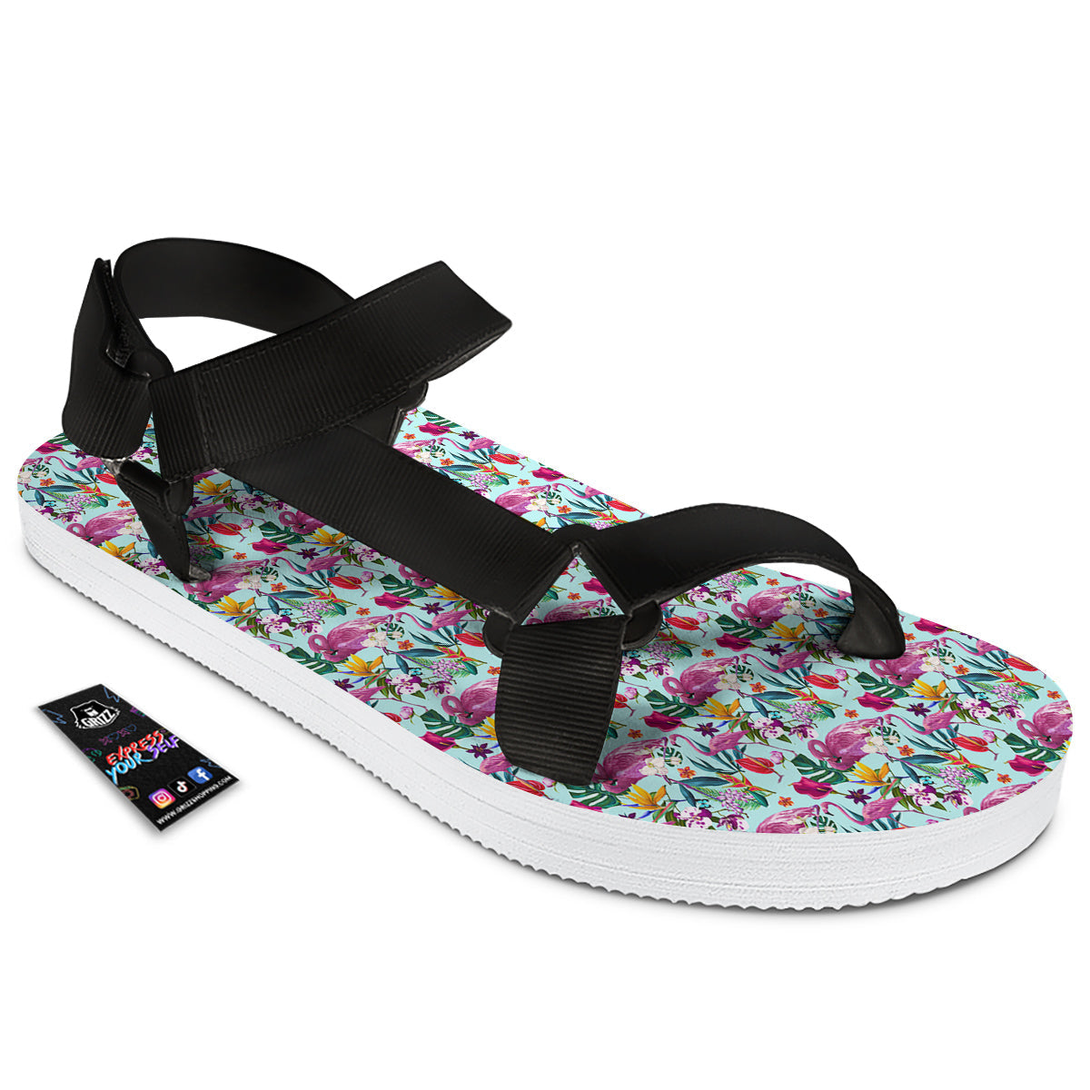 Flamingo Tropical Colorful Print Black Open Toe Sandals-grizzshop