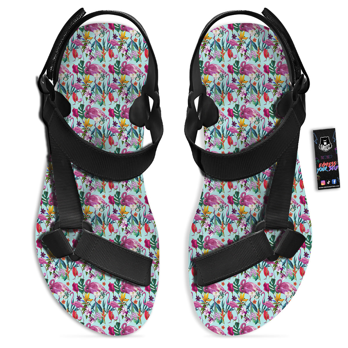 Flamingo Tropical Colorful Print Black Open Toe Sandals-grizzshop