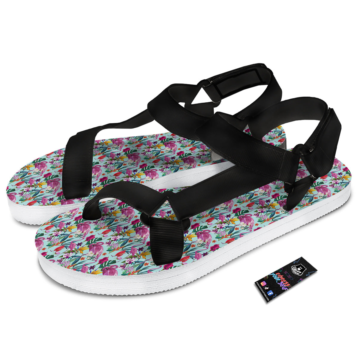Flamingo Tropical Colorful Print Black Open Toe Sandals-grizzshop